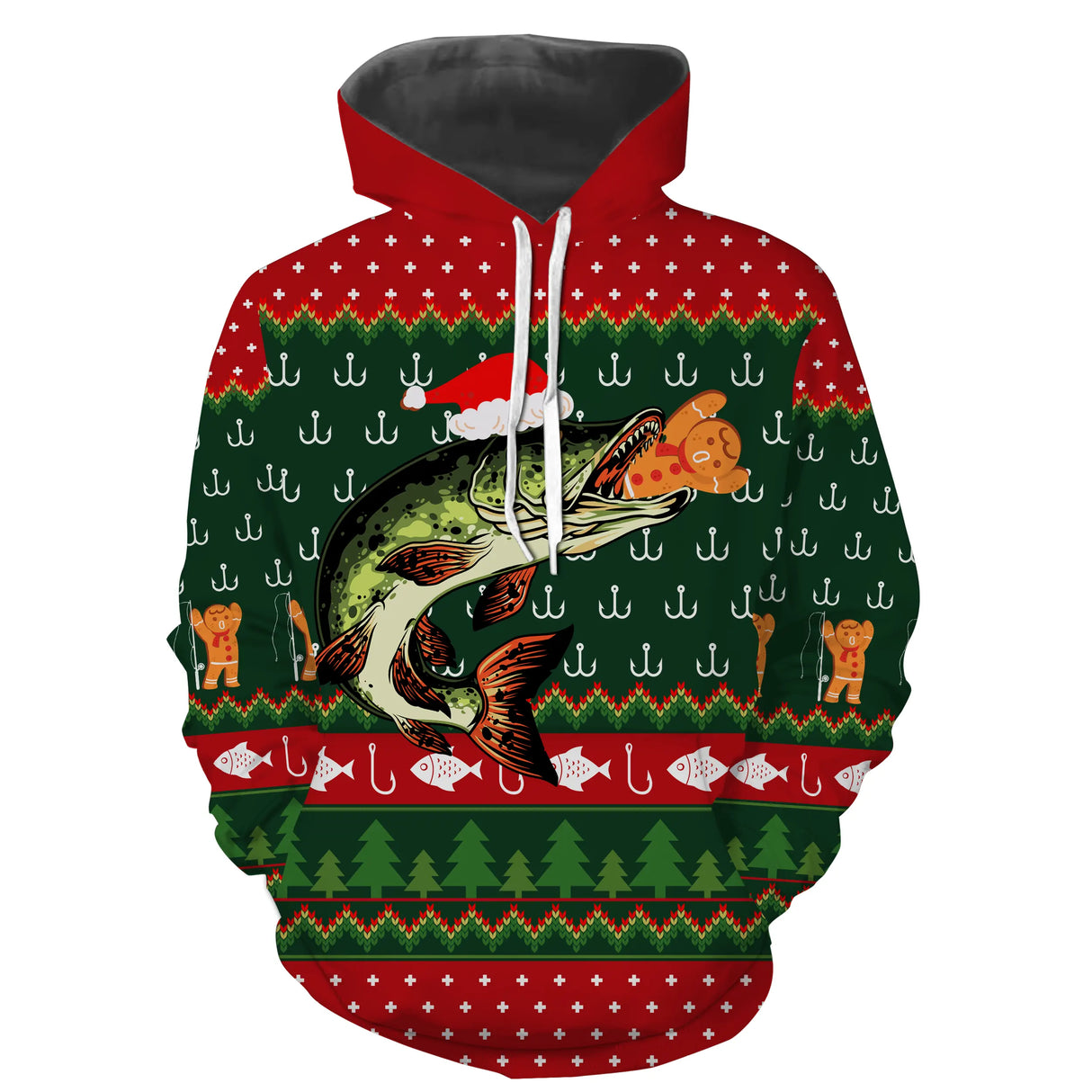 Pull De Noël, Cadeau Noël Pêcheur, Motif Crochet De Pêche, Brochet Et Chapeau de Père Noël - CT15112230