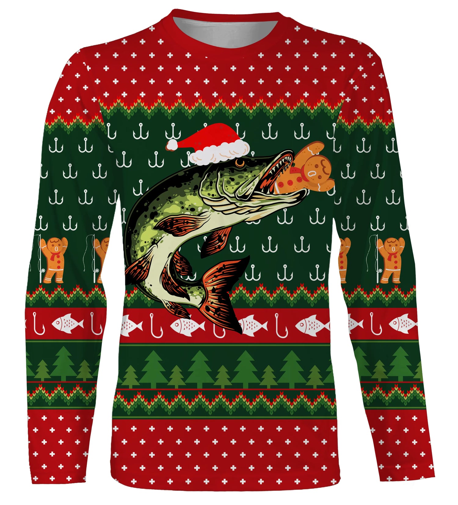Pull De Noël, Cadeau Noël Pêcheur, Motif Crochet De Pêche, Brochet Et Chapeau de Père Noël - CT15112230