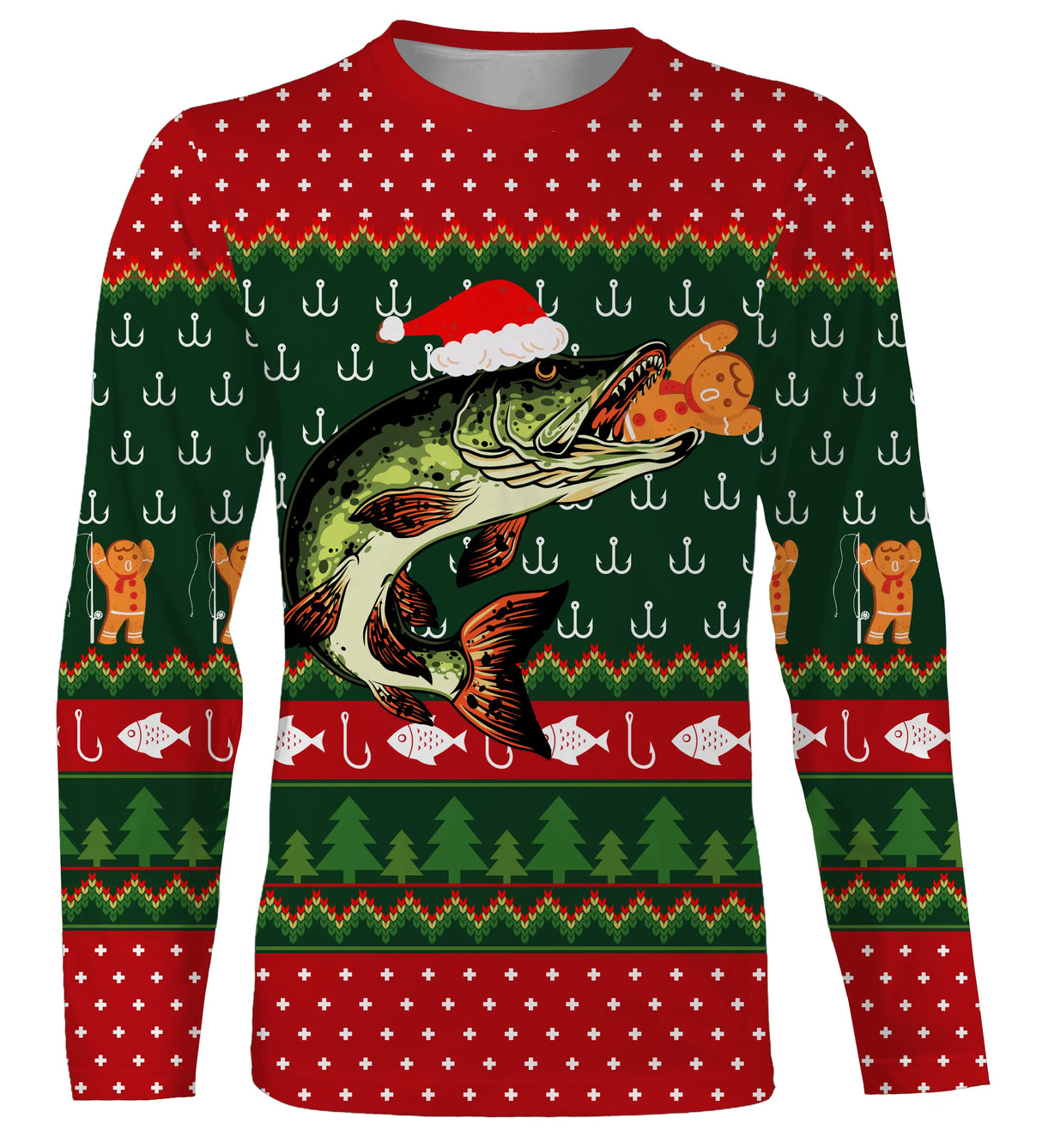 Sweater Noël pêcheur brochet jacquard vert rouge, coupe unisexe humour halieutique pour famille