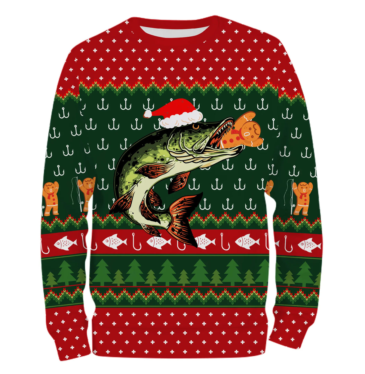 Pull De Noël, Cadeau Noël Pêcheur, Motif Crochet De Pêche, Brochet Et Chapeau de Père Noël - CT15112230
