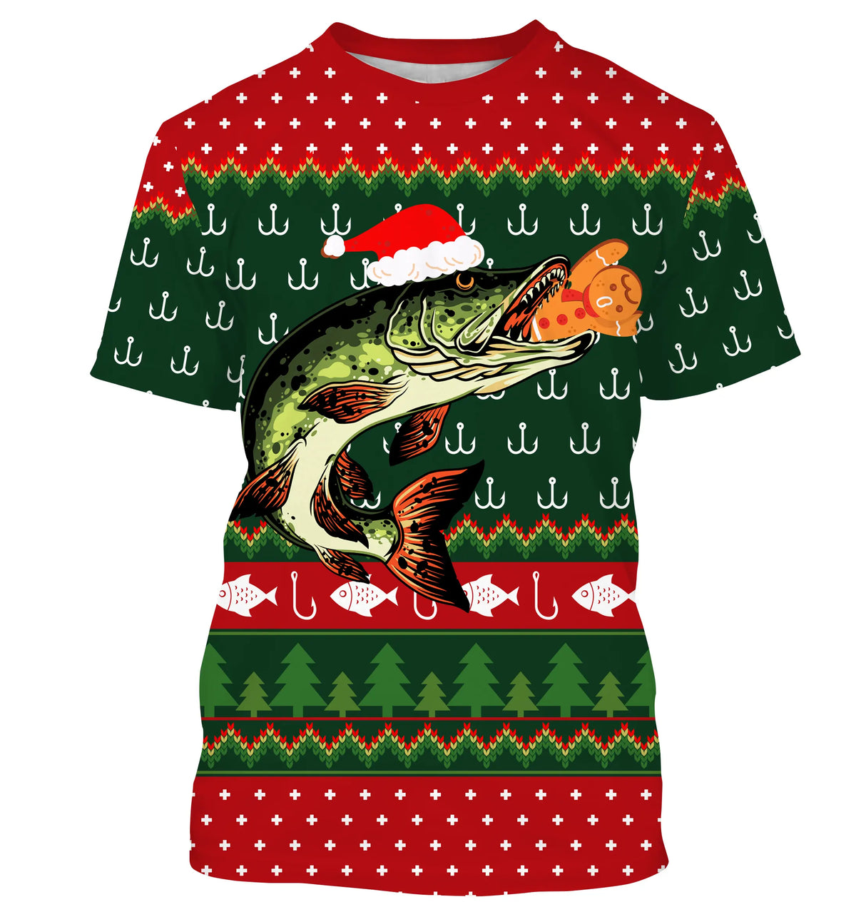 Pull De Noël, Cadeau Noël Pêcheur, Motif Crochet De Pêche, Brochet Et Chapeau de Père Noël - CT15112230