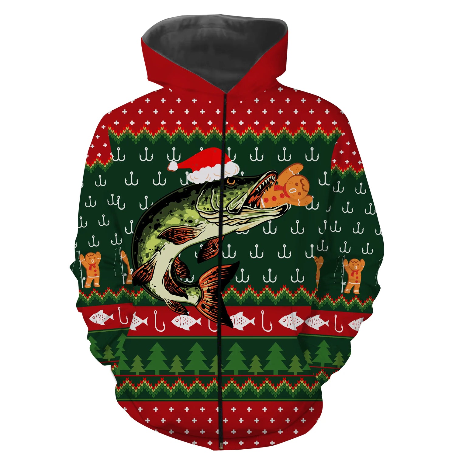 Pull De Noël, Cadeau Noël Pêcheur, Motif Crochet De Pêche, Brochet Et Chapeau de Père Noël - CT15112230