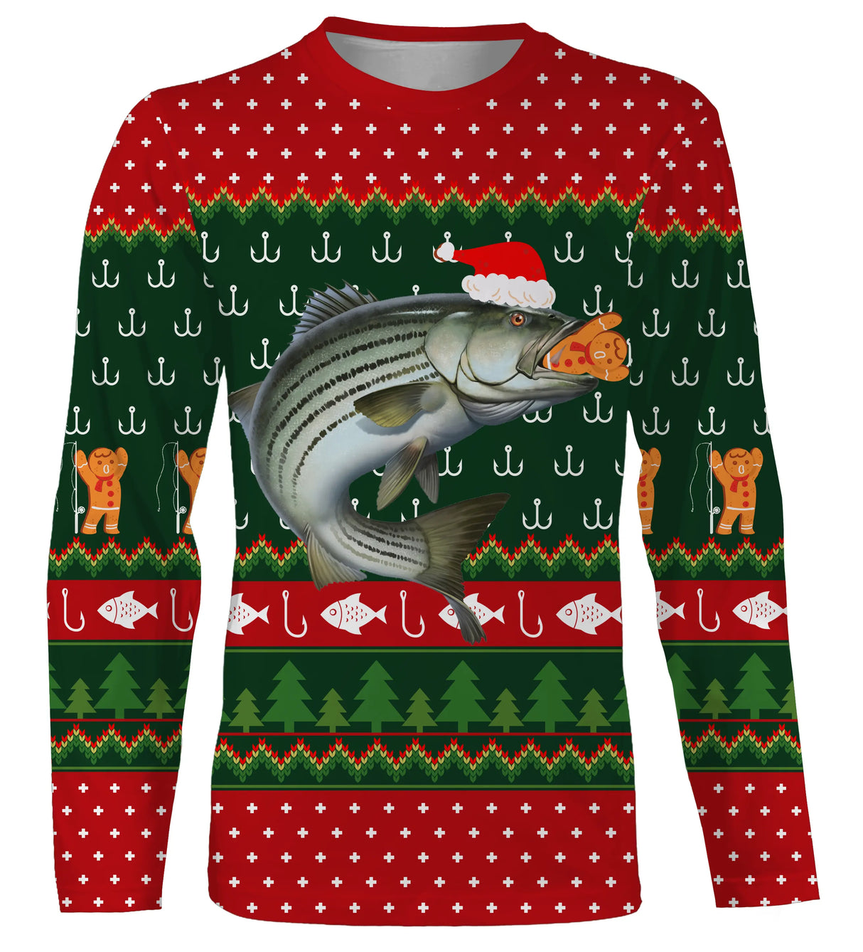 Sweater Noël pêcheur bar jacquard vert rouge, coupe unisexe humour halieutique pour famille