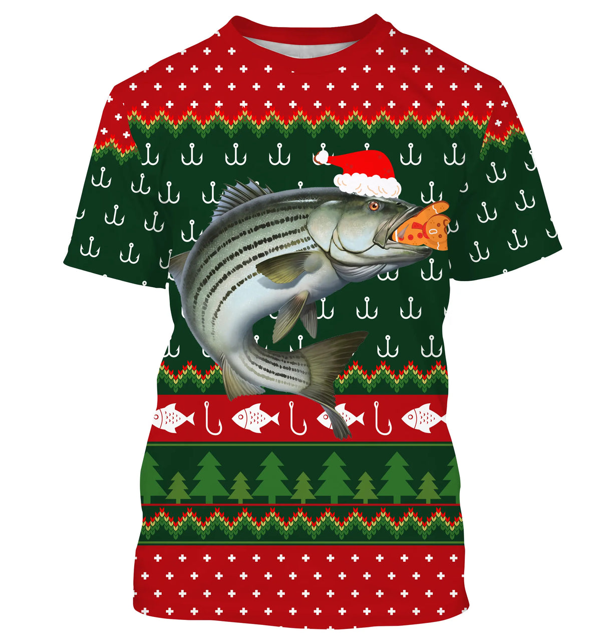 Pull Noël vert rouge avec bar loup de mer coiffé bonnet Père Noël et hameçons jacquard, motifs sapins