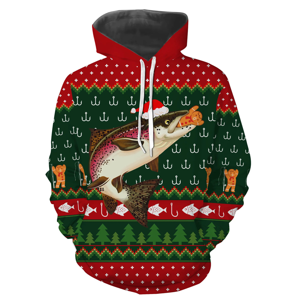 Sweat zippé Noël hameçons et truite jacquard, tenue festive halieutique de réveillon