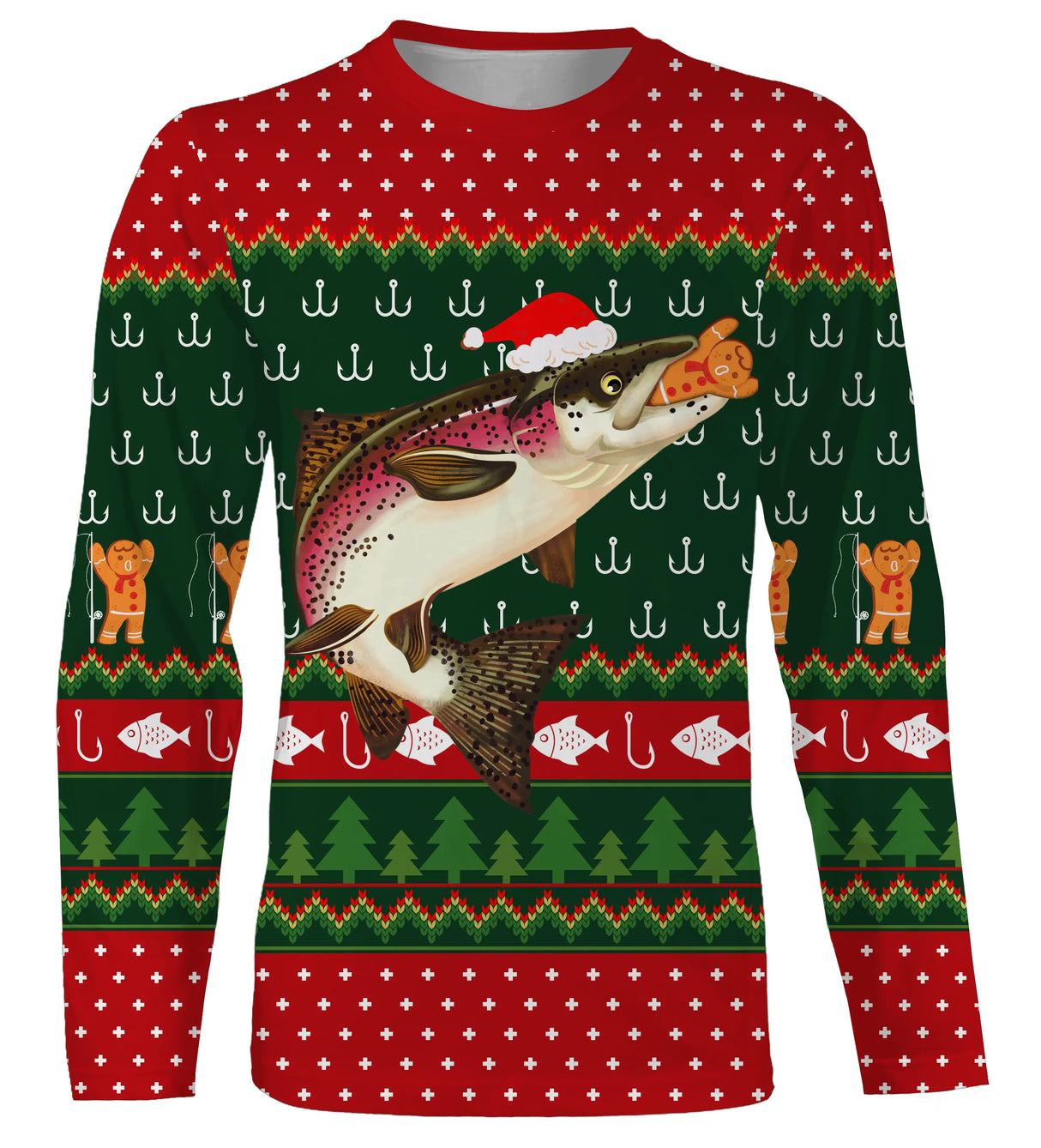 Sweater Noël pêcheur truite jacquard vert rouge, coupe unisexe humour halieutique pour famille