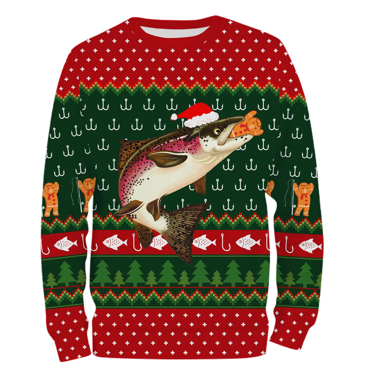 Pull De Noël, Cadeau Noël Pêcheur, Motif Crochet De Pêche, Truite Et Chapeau de Père Noël - CT15112234