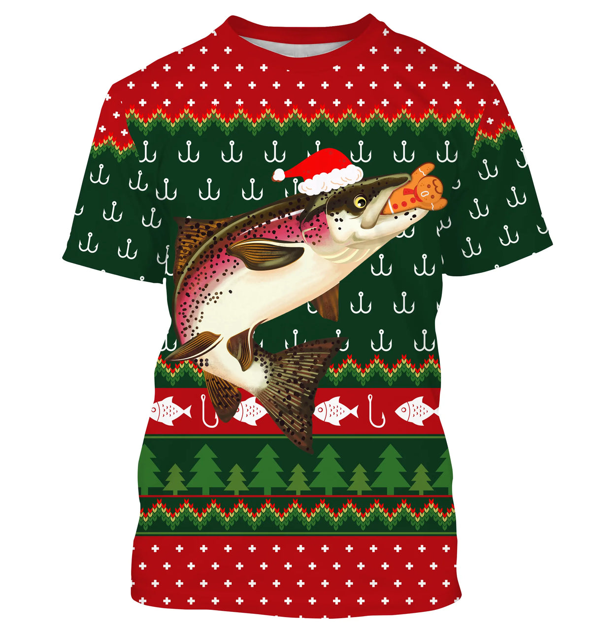 Pull De Noël, Cadeau Noël Pêcheur, Motif Crochet De Pêche, Truite Et Chapeau de Père Noël - CT15112234
