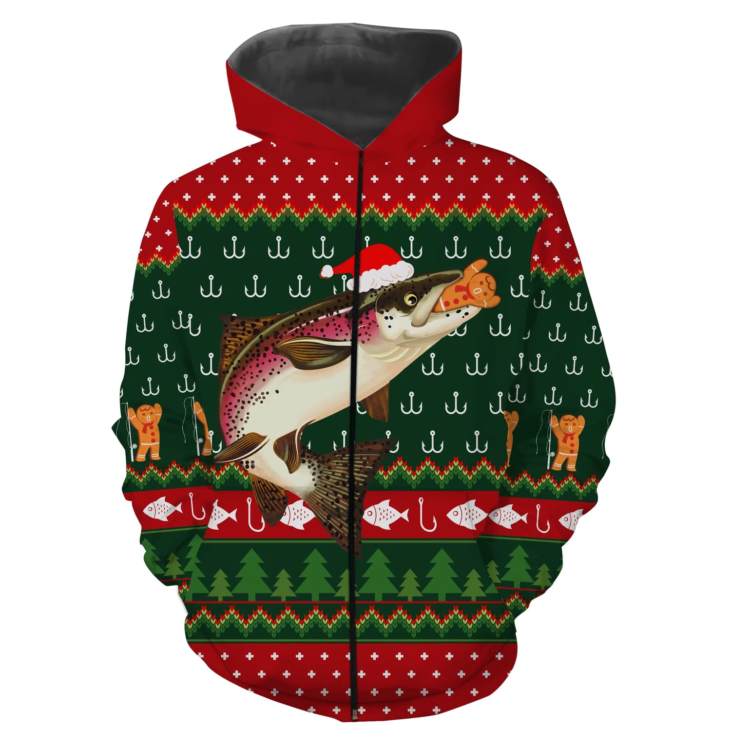 Pull De Noël, Cadeau Noël Pêcheur, Motif Crochet De Pêche, Truite Et Chapeau de Père Noël - CT15112234