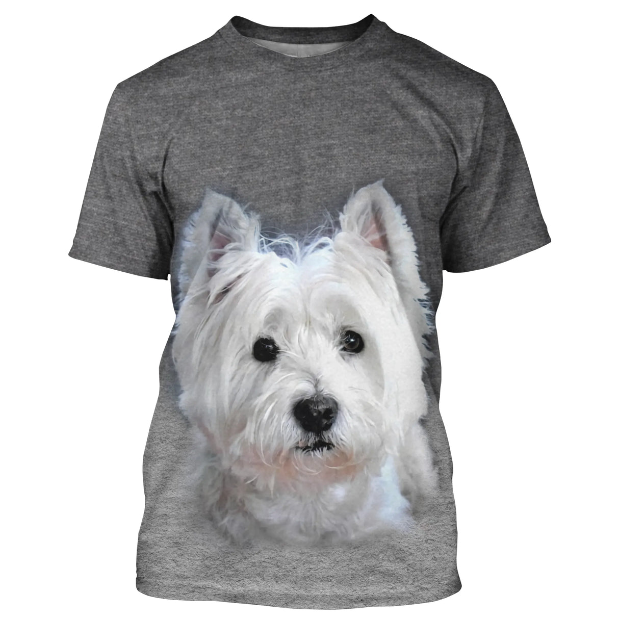 T-shirt chien Westie gris avec portrait photoréaliste de West Highland Terrier blanc, all-over 3D