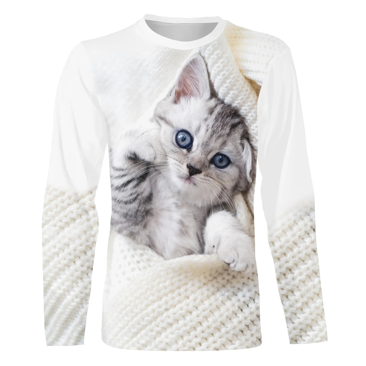 T-shirt chat blanc chaton yeux bleus unisexe, design photoréaliste mignon quotidien