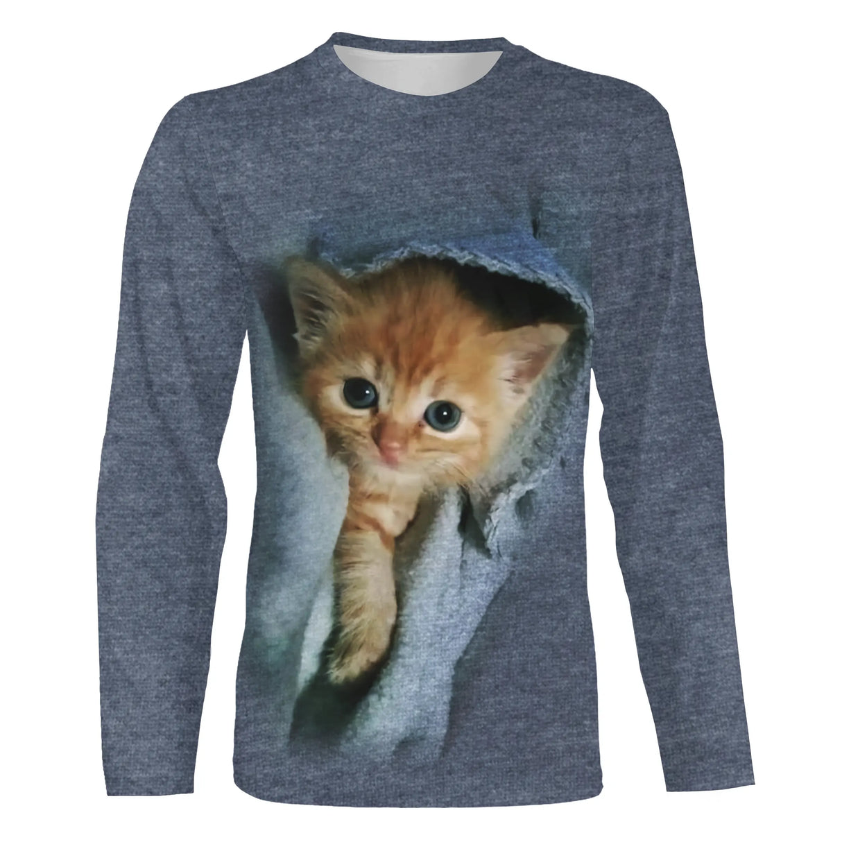 T-shirt chat bleu jean chaton roux unisexe, design photoréaliste mignon quotidien original