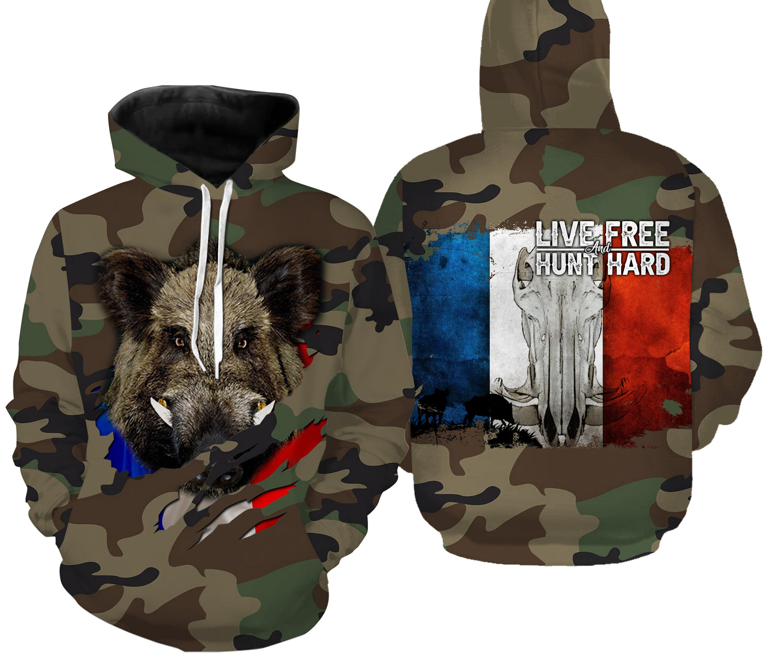 Chasse aux Sangliers, Camouflage Militaire Chasse, Cadeau Chasseurs, Live Free - Hunt Hard, Tee Shirt, Sweat Ă  capuche, VĂȘtement Anti UV - CTS16042218 Sweat Ă  Capuche All Over Unisexe
