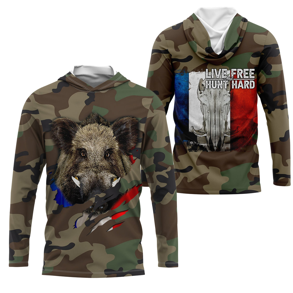 T-shirt chasseur sanglier camouflage militaire motif sanglier drapeau France slogan Live Free Hunt Hard battue