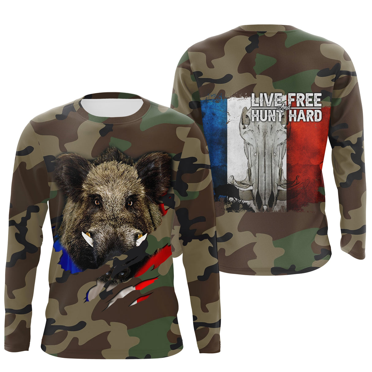 Hoodie chasse sanglier all-over camouflage militaire vert brun motif sanglier drapeau bleu blanc rouge chasseur