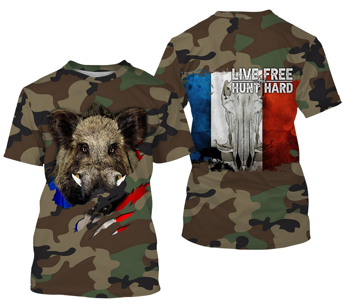 T-shirt chasse sanglier all-over camouflage militaire vert brun motif sanglier drapeau France Live Free Hunt Hard