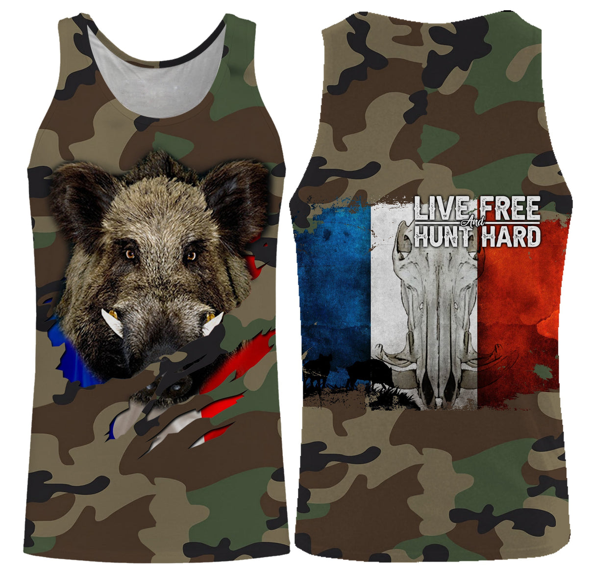 Sweat capuche chasseur sanglier camouflage militaire motif sanglier tricolore Live Free Hunt Hard battue forêt