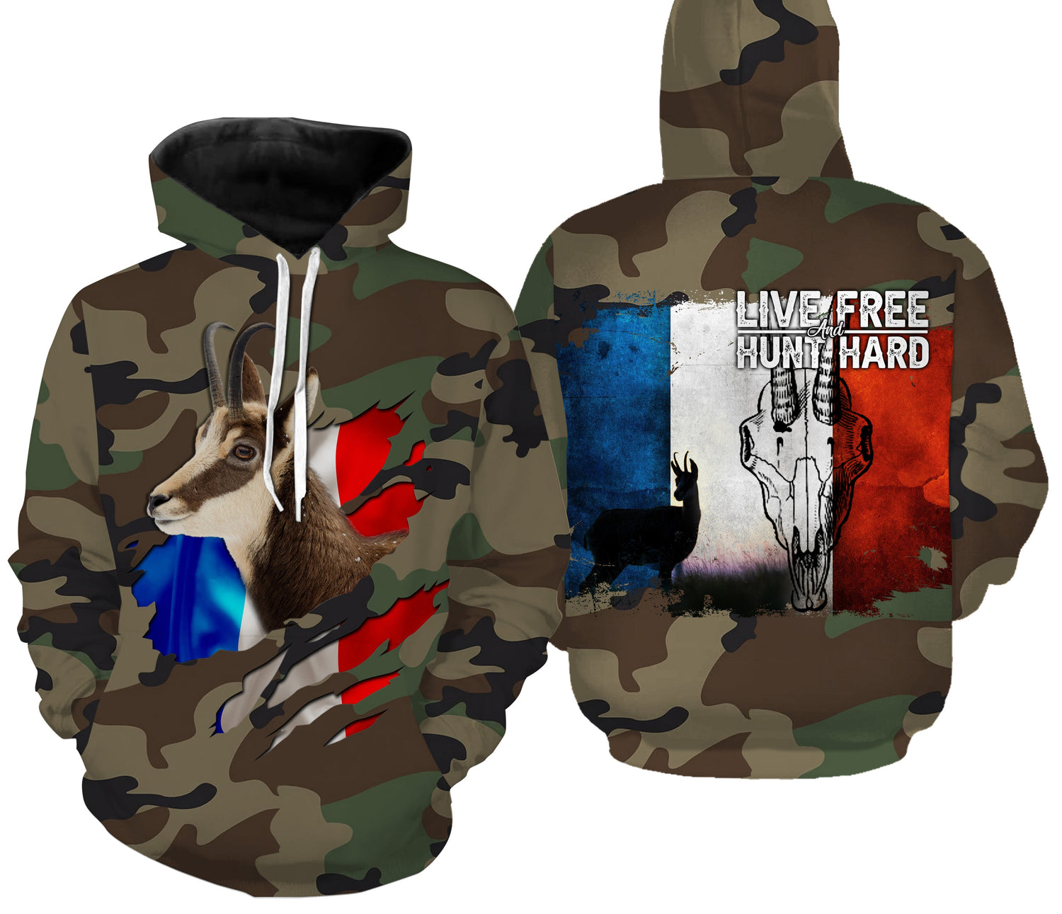 Chasse au Chamois, Camouflage Militaire Chasse, Cadeau Chasseurs, Live Free - Hunt Hard, Tee Shirt, Sweat Ă  capuche, VĂȘtement Anti UV - CTS16042220 Sweat Ă  Capuche All Over Unisexe