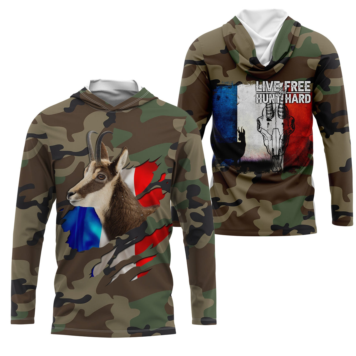 T-shirt chasseur chamois camouflage militaire motif chamois drapeau France slogan Live Free Hunt Hard alpin