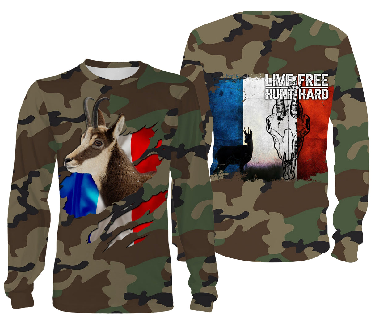 T-shirt manches longues chasse chamois all-over camouflage militaire motif chamois drapeau tricolore patriote