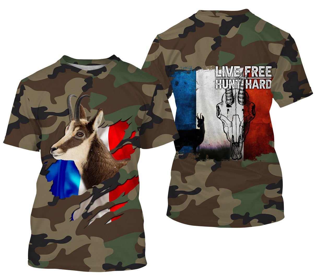 T-shirt chasse chamois all-over camouflage militaire vert brun motif chamois alpin drapeau France Live Free Hunt Hard