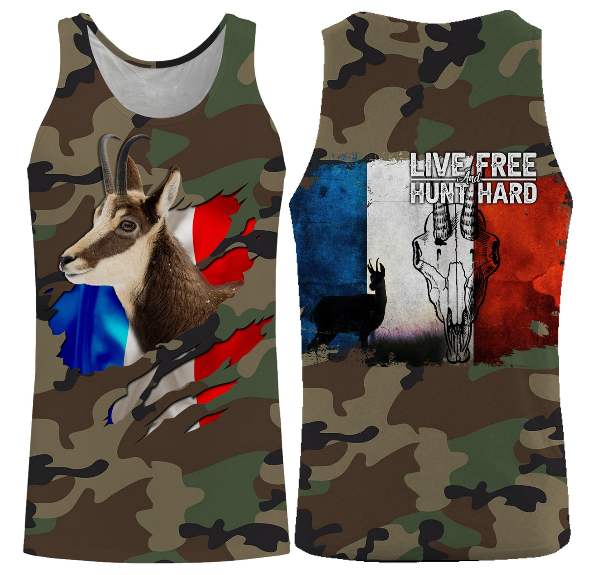 Sweat capuche chasseur chamois camouflage militaire motif chamois tricolore Live Free Hunt Hard cynégétique alpin