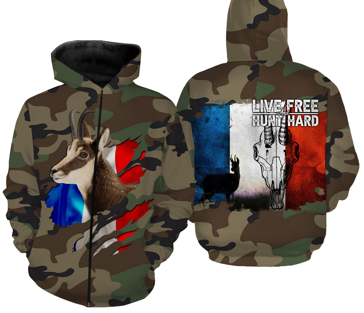 Sweat zippé chasse chamois all-over camouflage militaire motif chamois tricolore Live Free Hunt Hard montagne