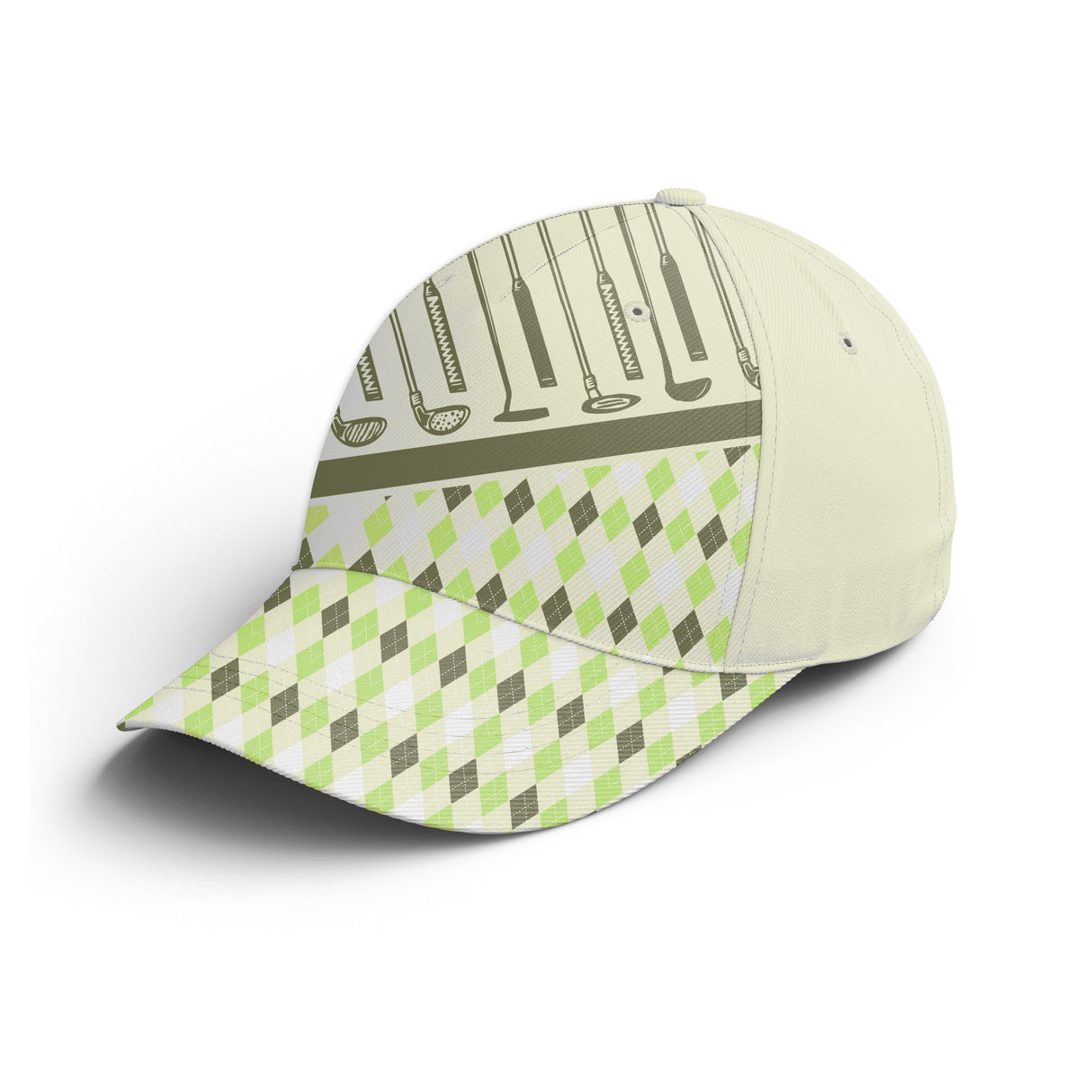 Casquette golf beige vert clubs alignés damier élégant unisexe parcours