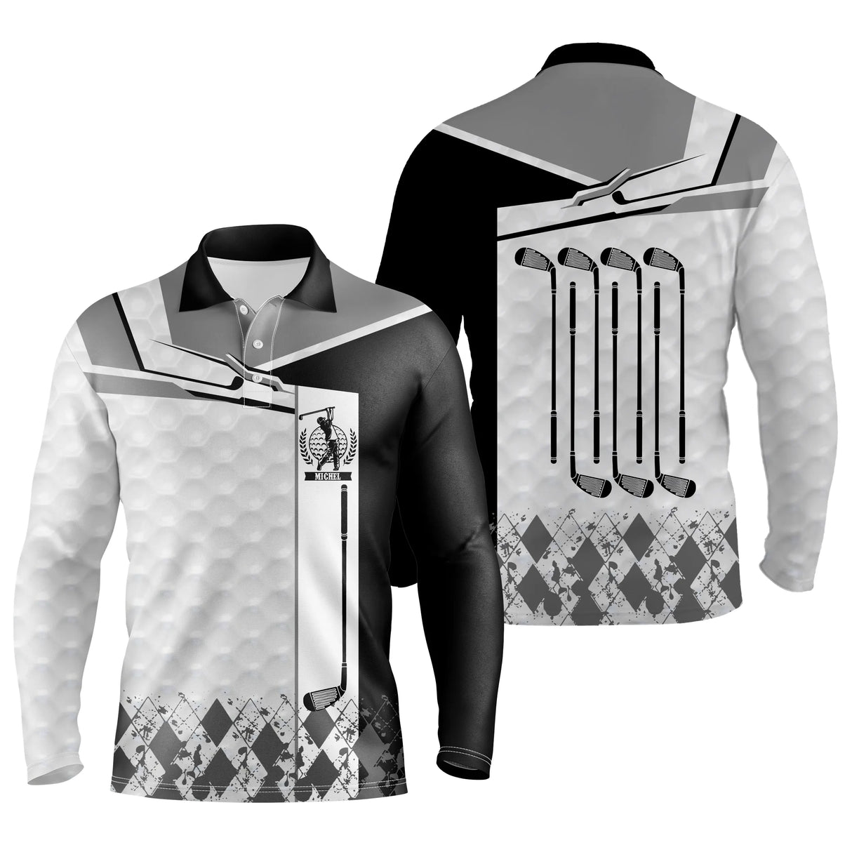 Polo manches longues golf unisexe noir clubs alignés argyle médaillon tissu technique respirant