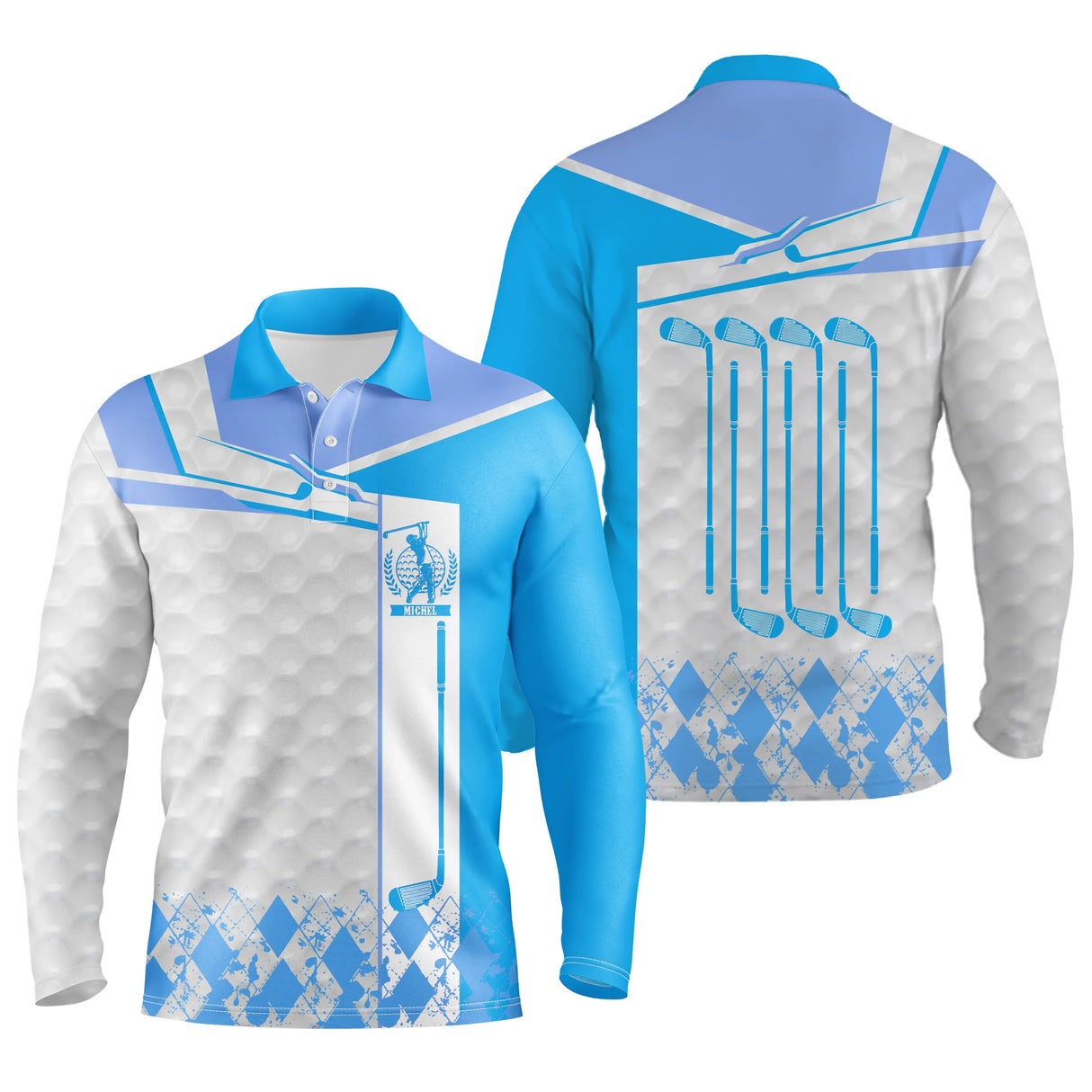 Polo manches longues golf unisexe bleu profond clubs alignés argyle médaillon tissu respirant