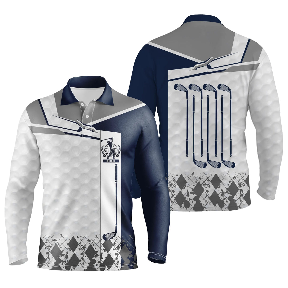 Polo manches longues golf unisexe bleu marine clubs alignés argyle médaillon tissu respirant