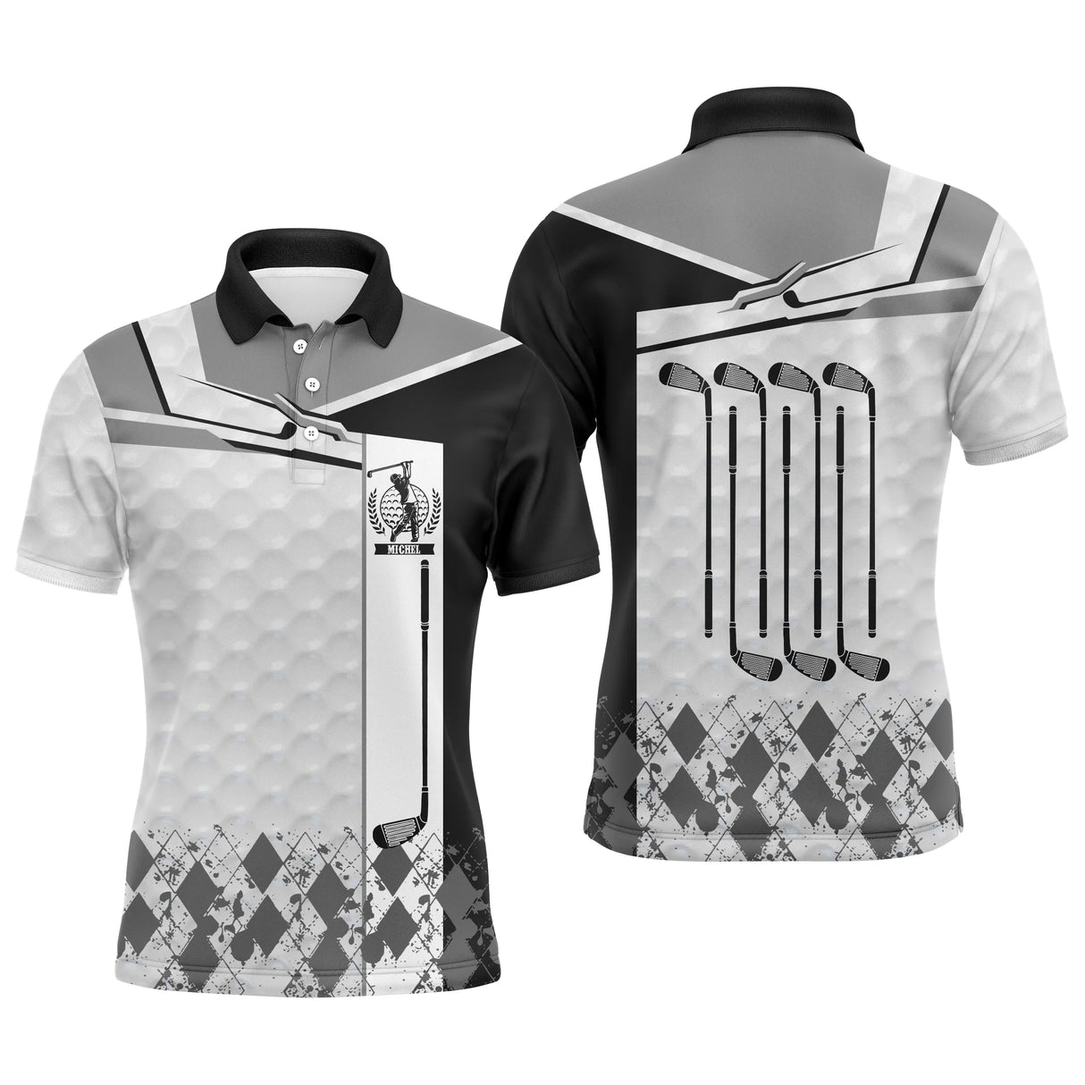 Polo golf homme noir intense quatre clubs alignés dos argyle losange bas médaillon central coupe ajustée séchage rapide