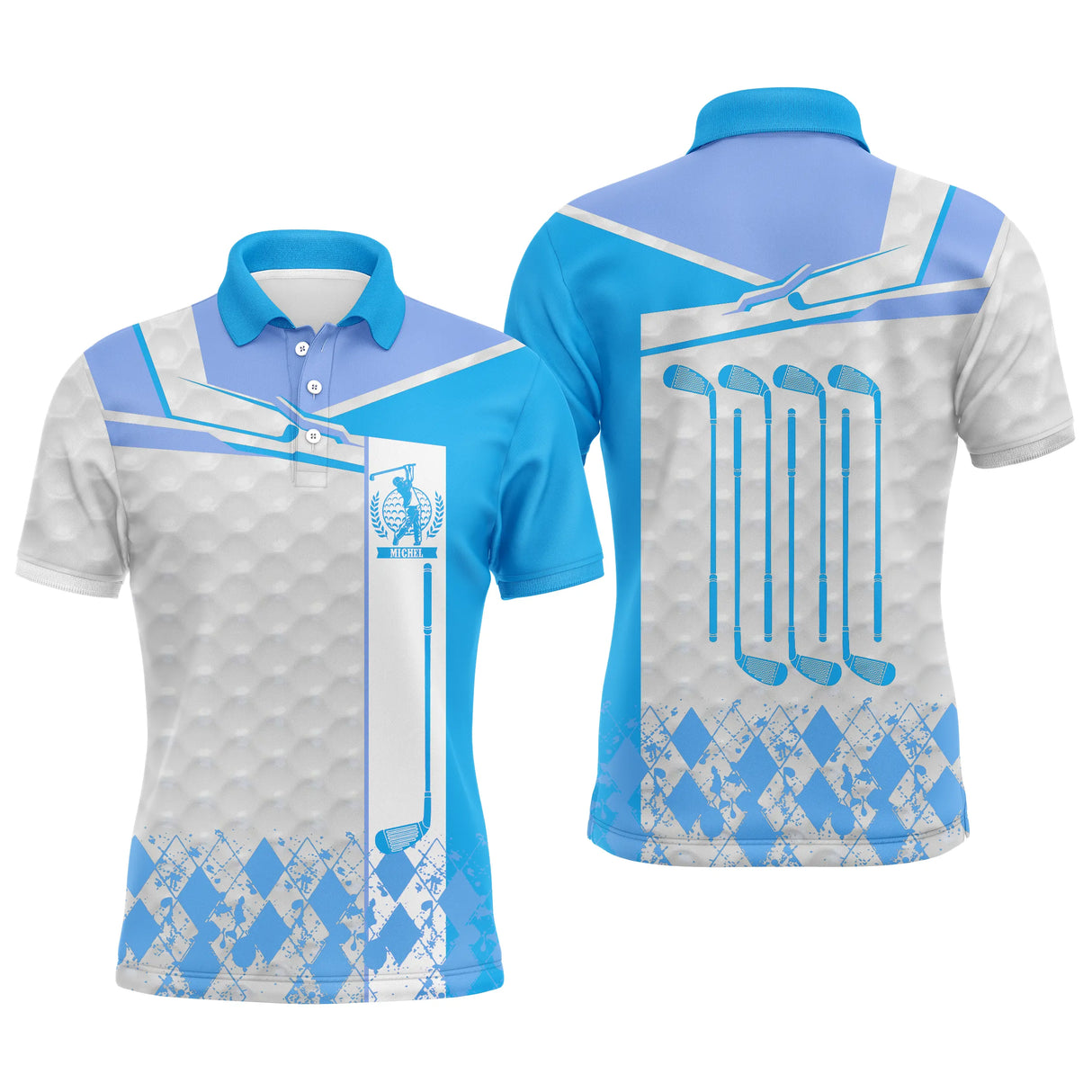 Polo golf homme bleu profond clubs alignés dos argyle losange médaillon coupe ajustée séchage rapide