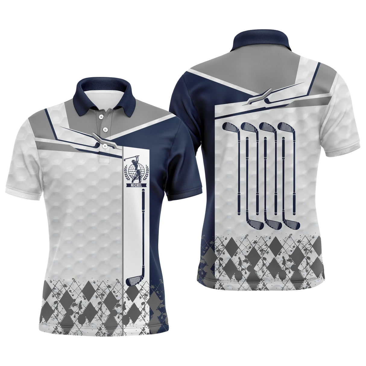 Polo golf homme bleu marine clubs alignés dos argyle losange médaillon coupe ajustée séchage rapide