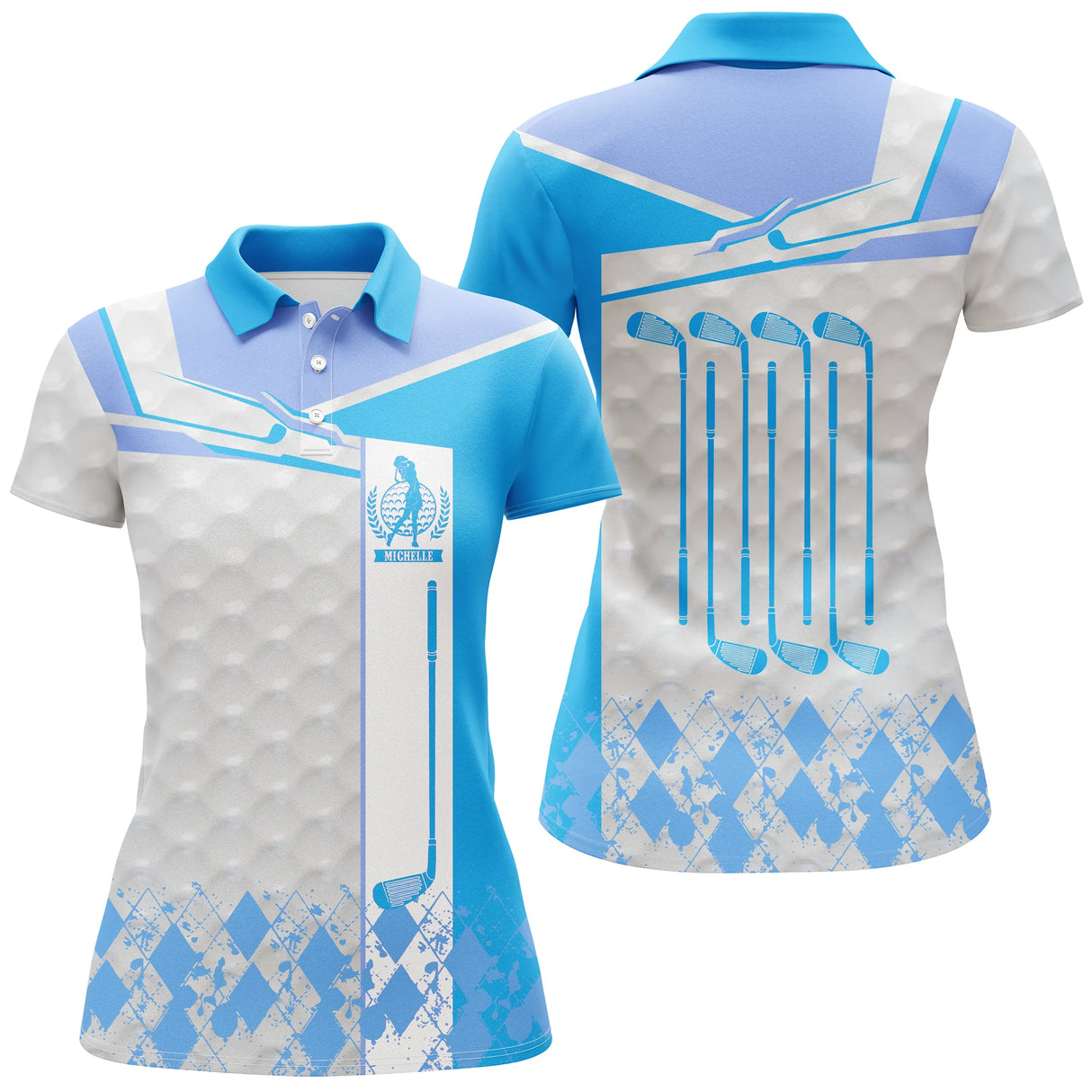 Polo golf femme bleu profond clubs alignés argyle losange médaillon coupe cintrée tissu respirant