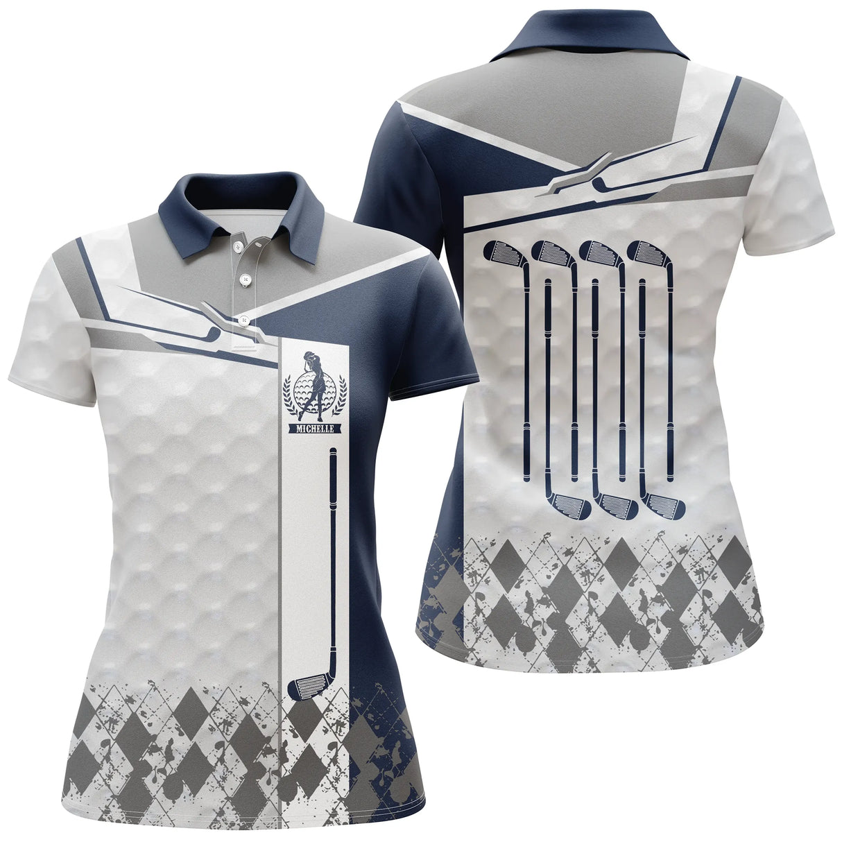 Polo golf femme bleu marine clubs alignés argyle losange médaillon coupe cintrée tissu respirant
