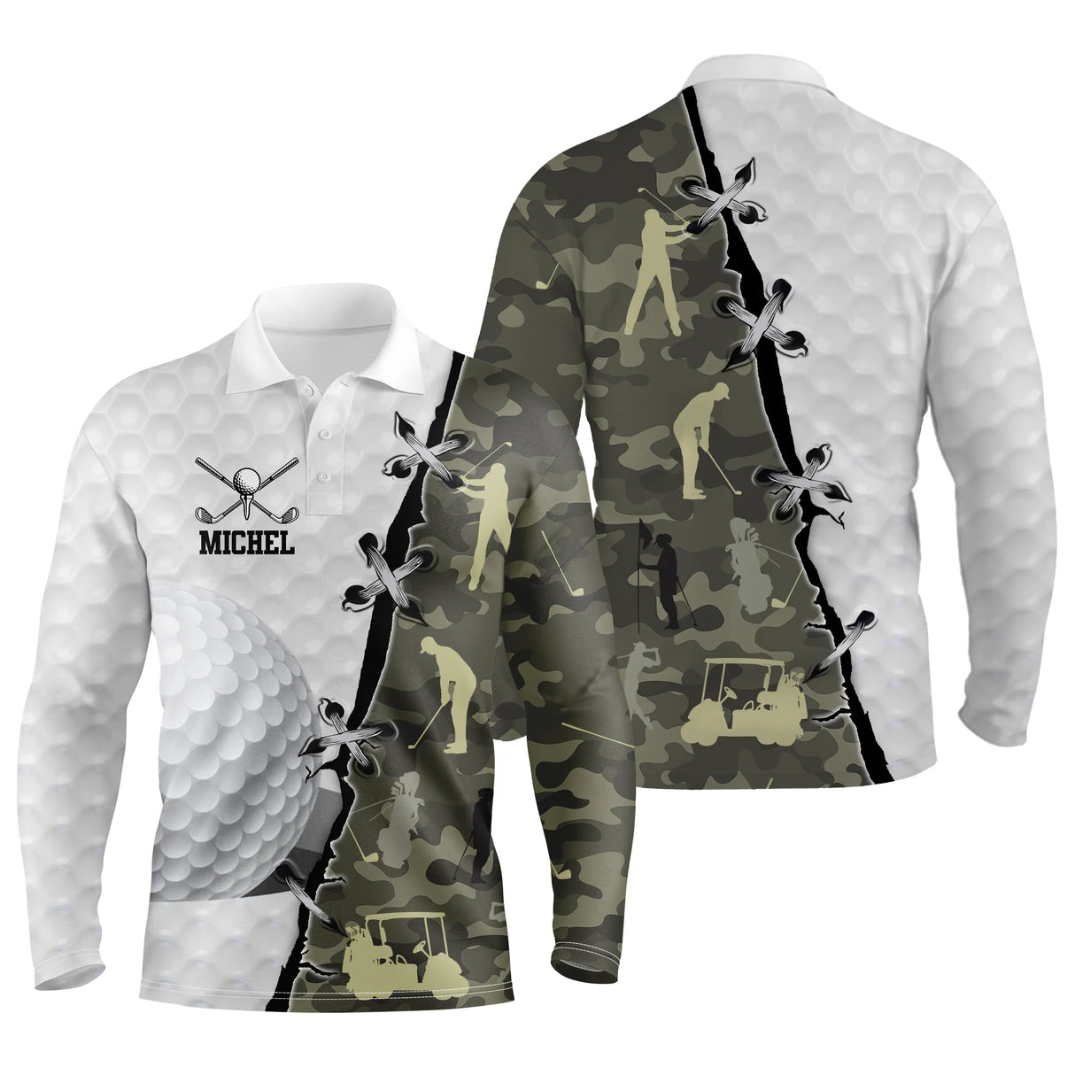 Polo de golf manches longues camouflage vert kaki et blanc avec silhouettes golfeurs en swing et voiturettes