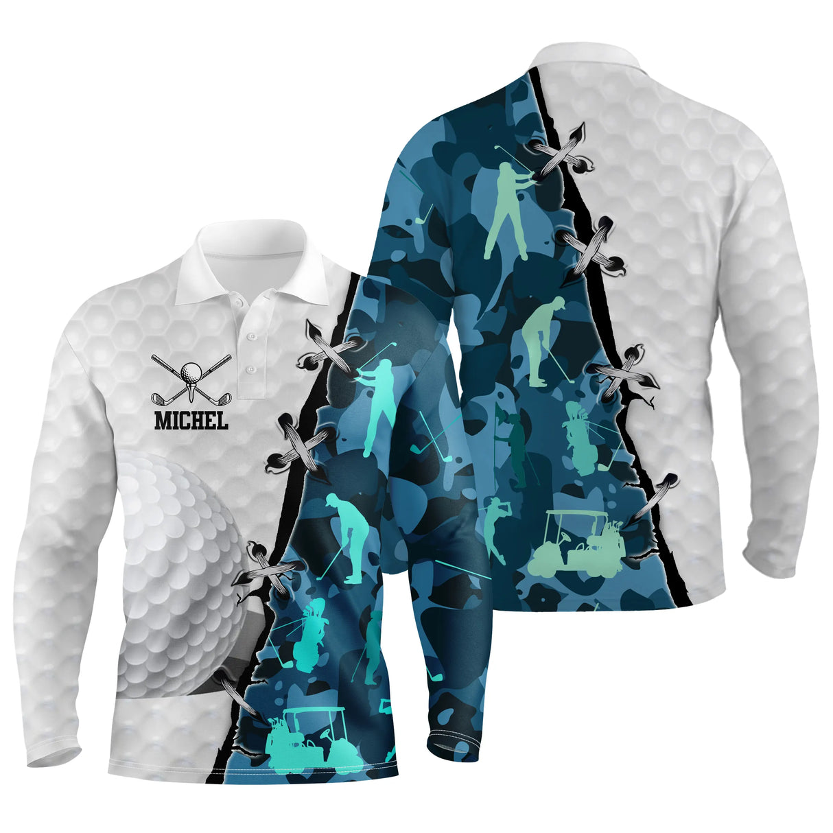 Polo de golf manches longues camouflage jaune et blanc avec silhouettes golfeurs et voiturettes