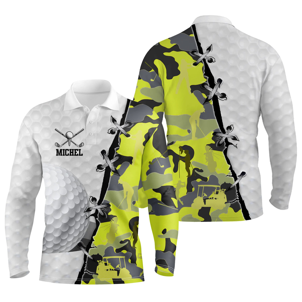 Polo de golf manches longues camouflage marron et blanc avec silhouettes golfeurs swing