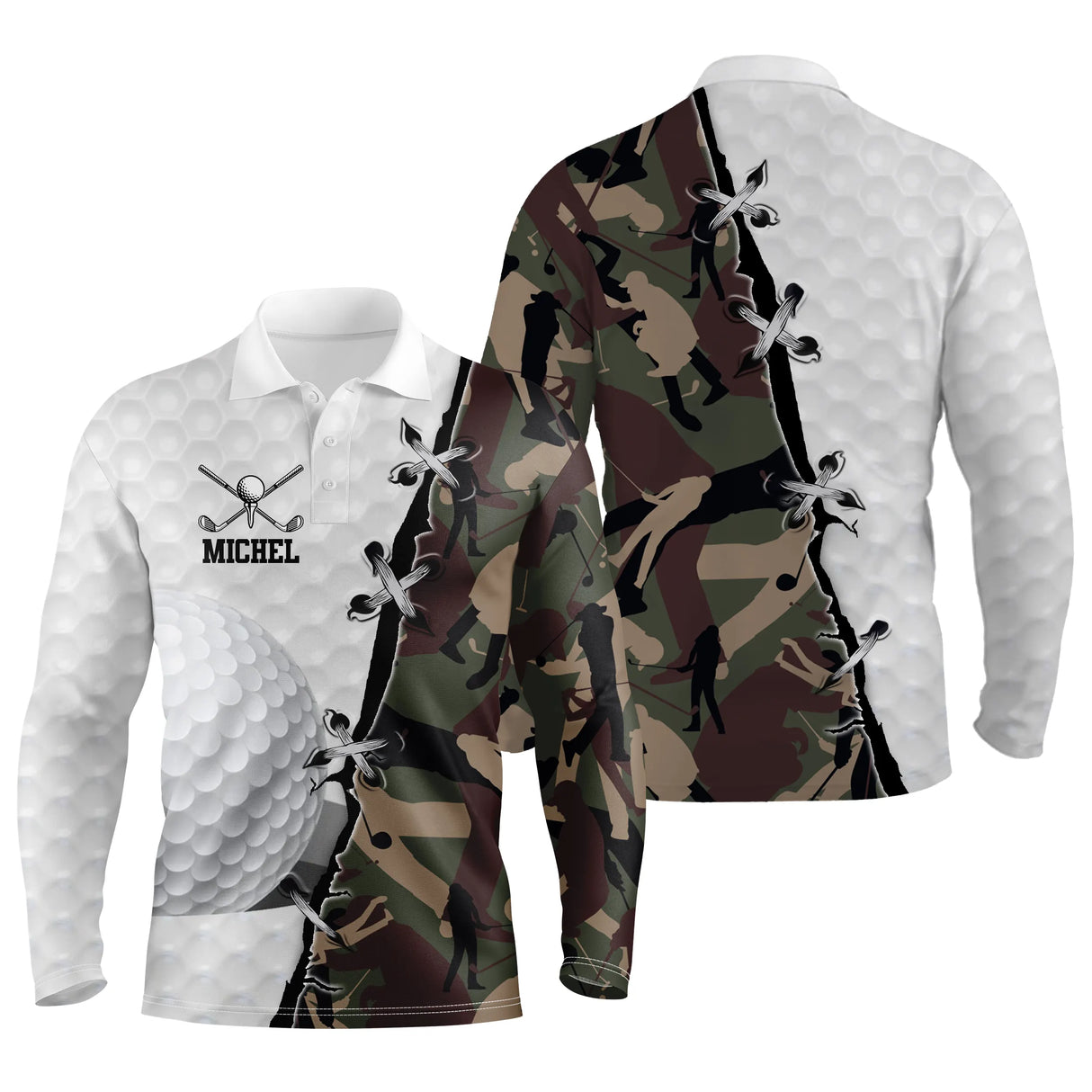 Polo de golf manches longues camouflage sable et blanc avec silhouettes golfeurs voiturettes