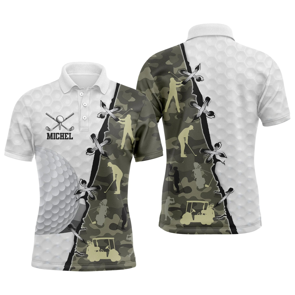 Polo golf homme camouflage marron terre silhouette golfeur swing médaillon balle de golf zone prénom manche personnalisable