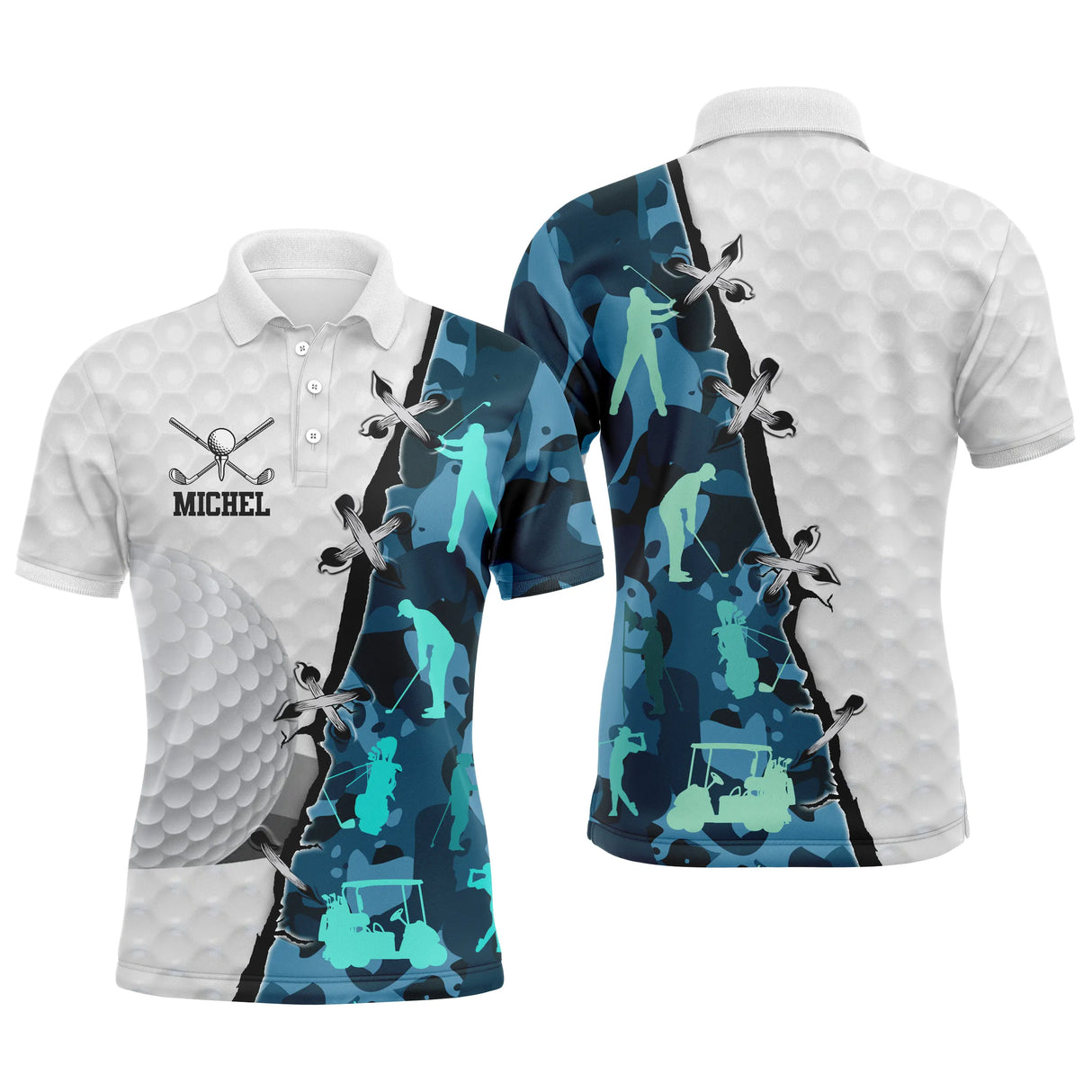 Polo golf homme camouflage jaune savane silhouette golfeur swing médaillon balle de golf zone prénom personnalisable