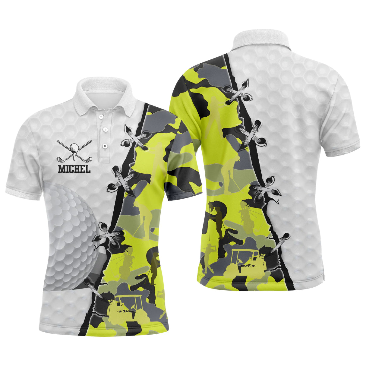 Polo golf homme camouflage sable doré silhouette golfeur swing médaillon balle de golf zone prénom personnalisable