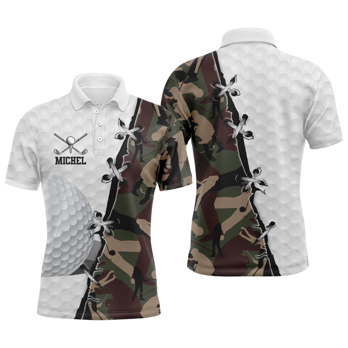 Polo golf homme camouflage turquoise lagon silhouette golfeur swing médaillon balle de golf zone prénom