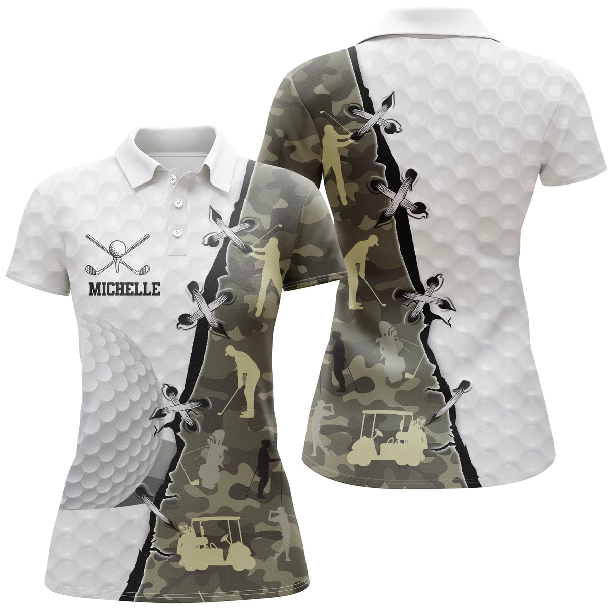 Polo golf femme camouflage marron terre silhouette golfeur médaillon coupe cintrée tissu respirant