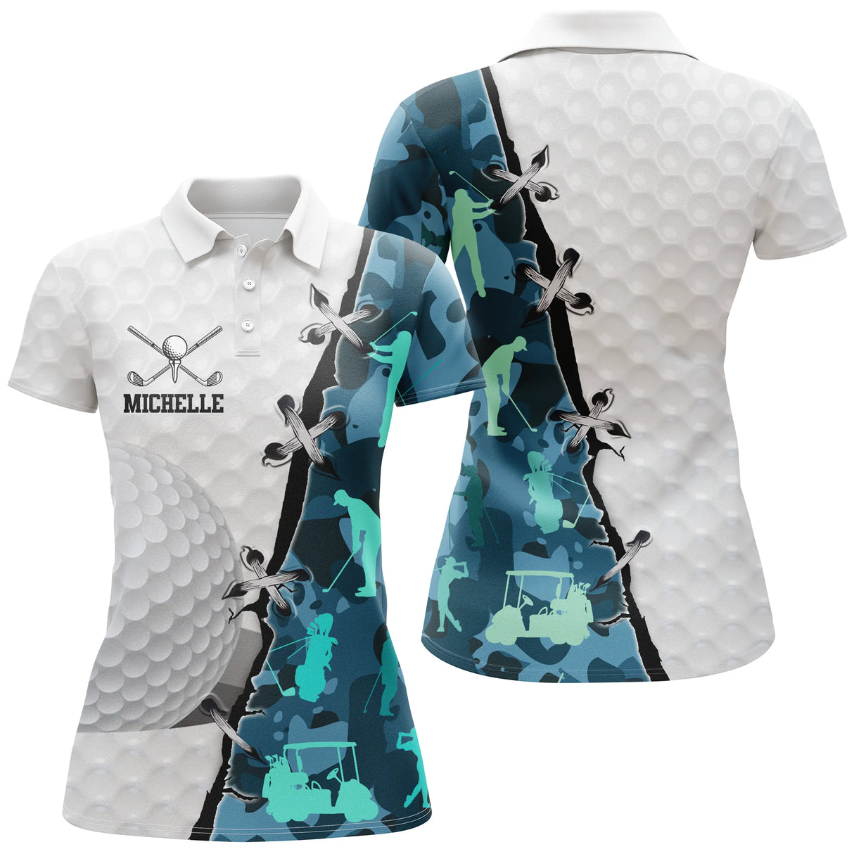 Polo golf femme camouflage jaune savane silhouette golfeur médaillon coupe cintrée tissu respirant