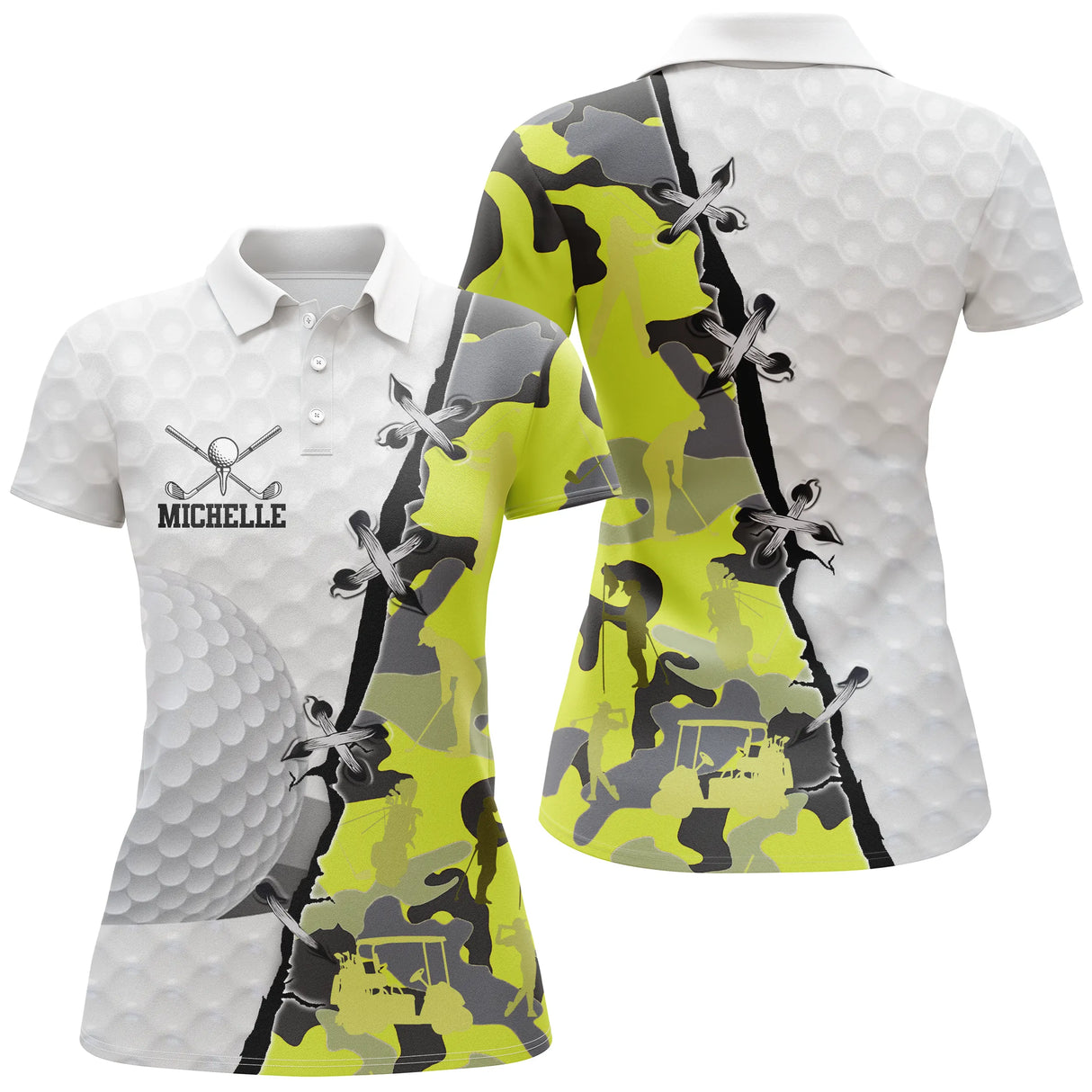 Polo golf femme camouflage sable doré silhouette golfeur médaillon coupe cintrée tissu respirant