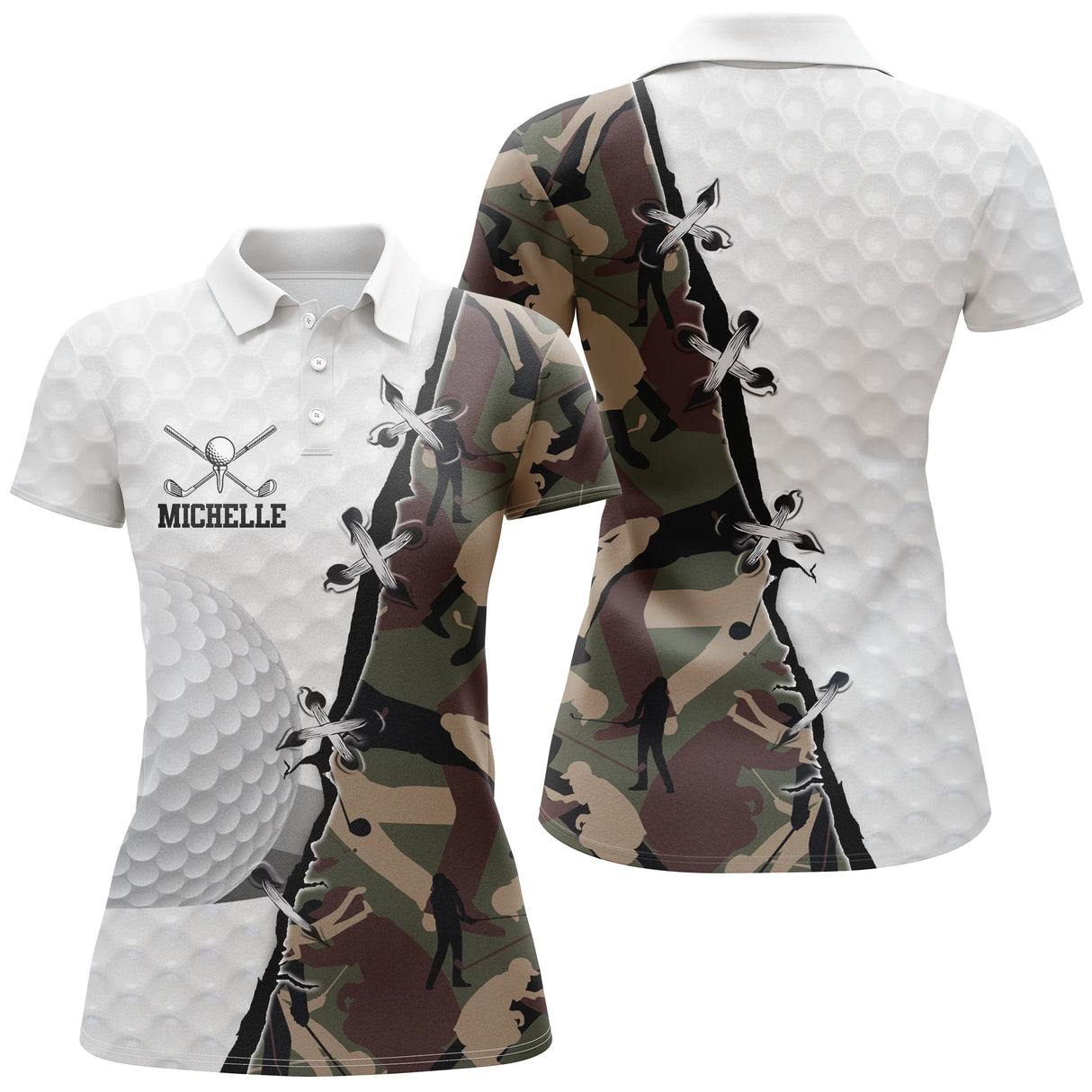 Polo golf femme camouflage turquoise lagon silhouette golfeur médaillon coupe cintrée tissu respirant