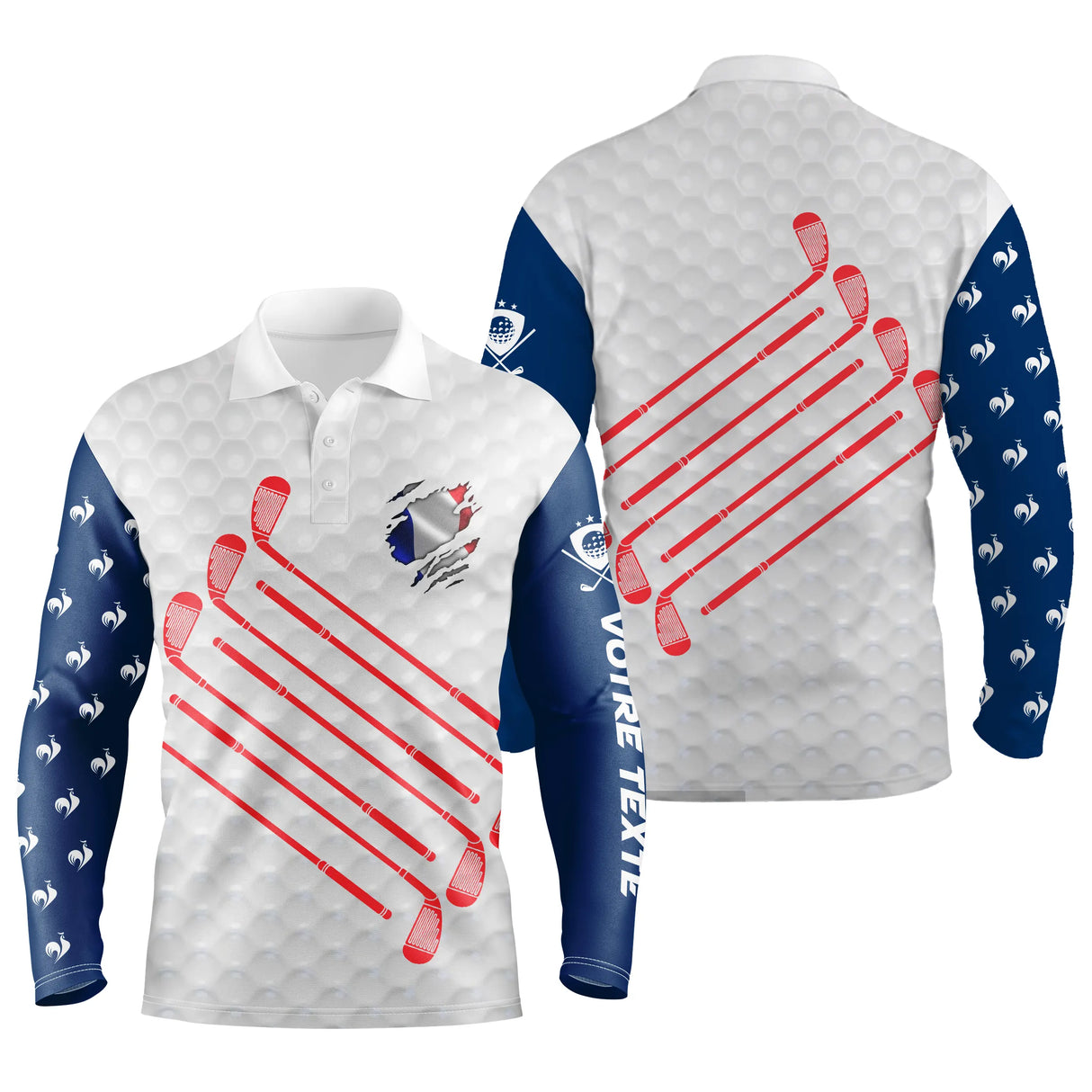 Polo manches longues golf unisexe blanc coq tricolore clubs croisés rouges inserts bleu manches tissu respirant