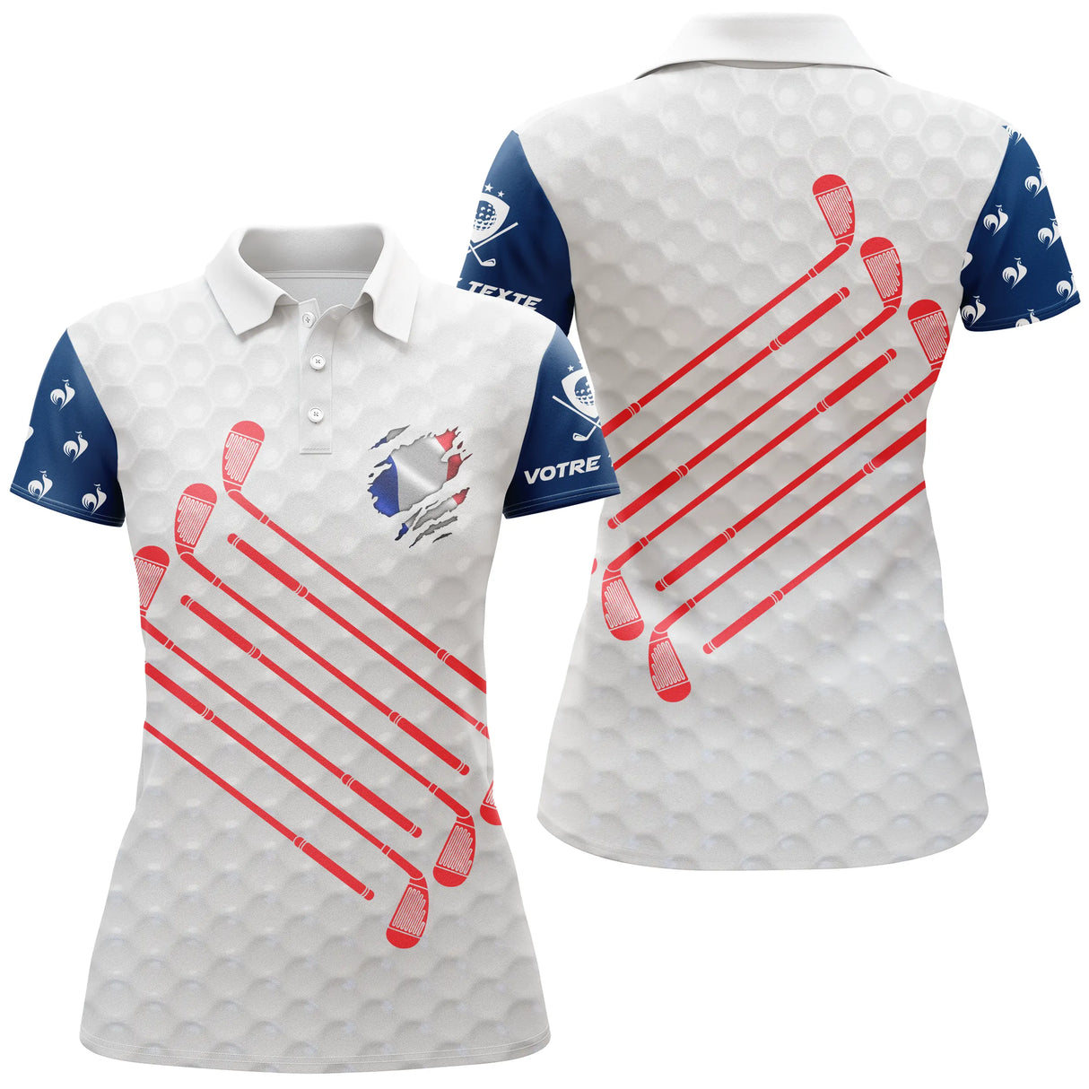 Polo golf femme blanc texture balle coq tricolore clubs croisés rouges inserts bleu manches coupe cintrée